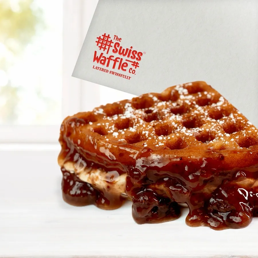 A Swaffle wedge with molten chocolate running out of the middle